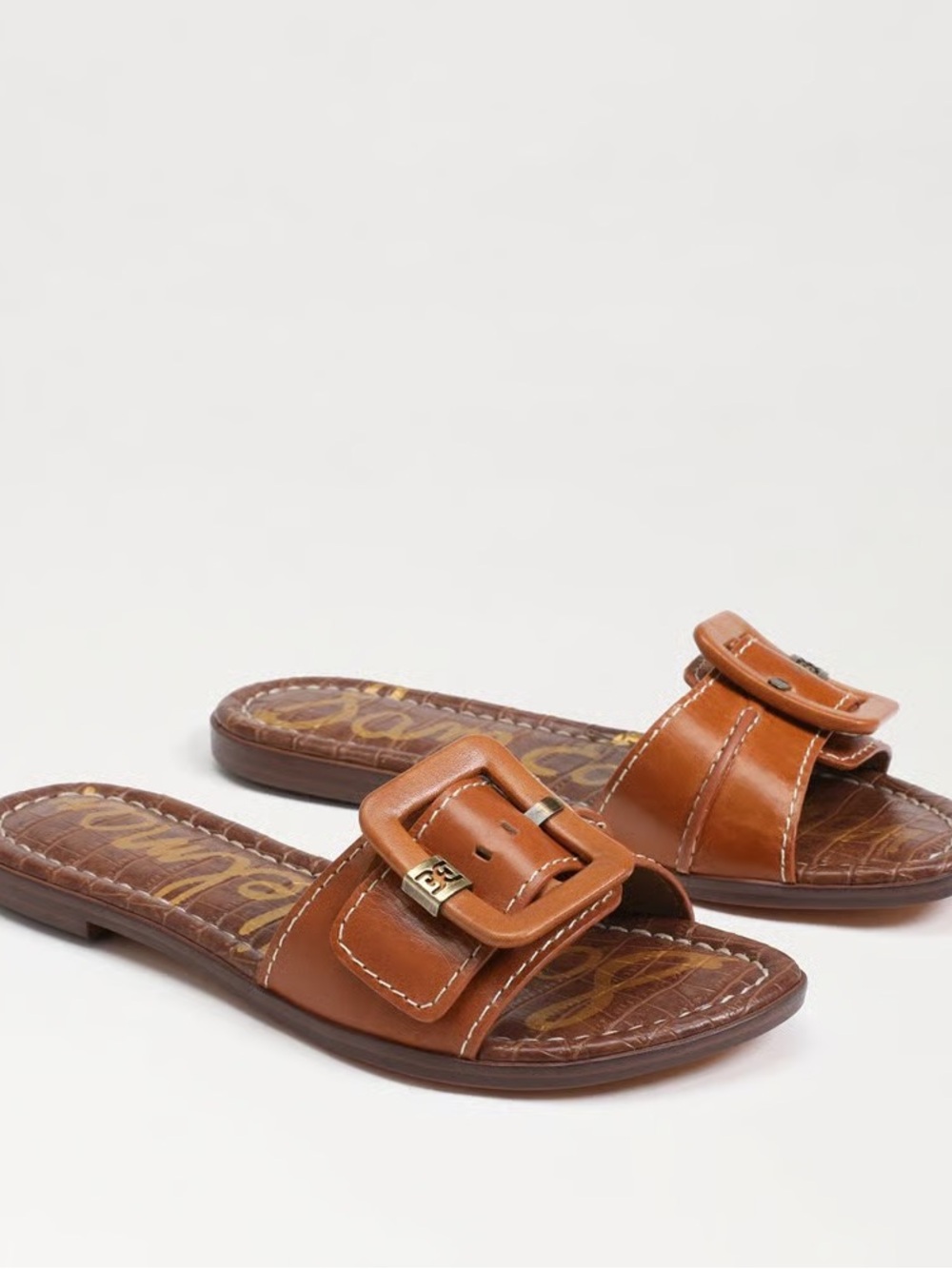 Sam Edelman Gaige Tan/Saddle Leather Buckle Slide Sandals, Size 8 1/2